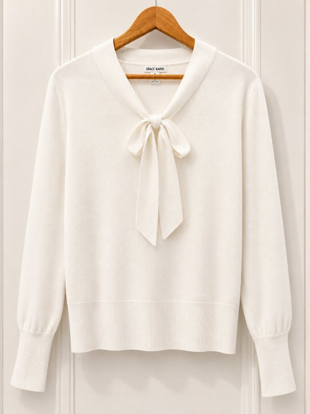 Grace Karin White Tie Neck Bow Knit Sweater Top Size 2XL NWT